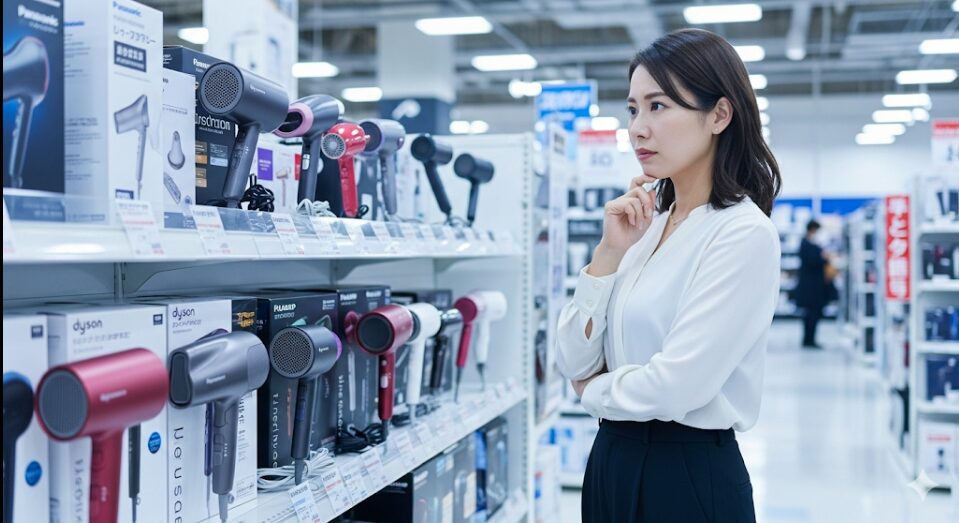 異常が続くドライヤーの買い替えを検討する女性