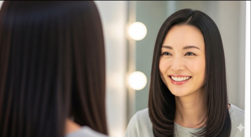 なめらかでまとまりのある髪に満足して鏡を見つめる日本人の女