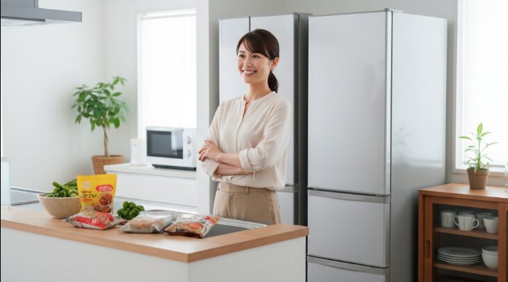 キッチンの風景と満足そうな日本人女性