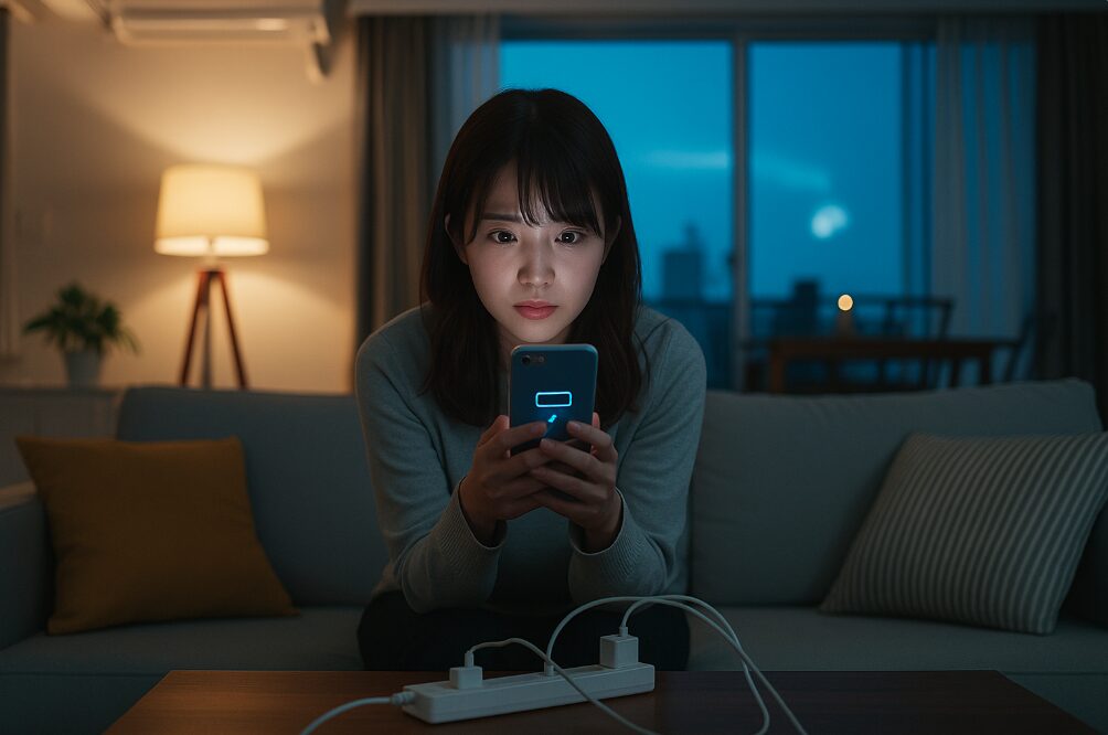スマートフォンのバッテリー残量を見つめる日本人女性