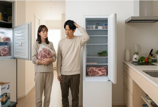 セカンド冷凍庫の前に立つ日本人夫婦2