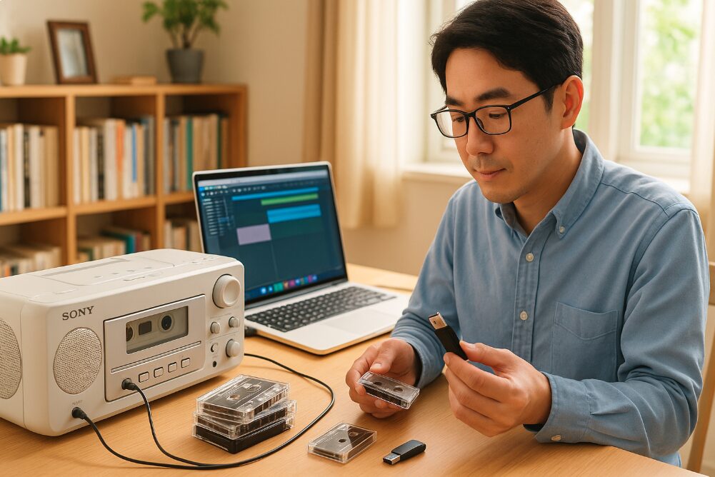 パソコンやUSBメモリにデジタル化して保存する日本人男性の作業風景