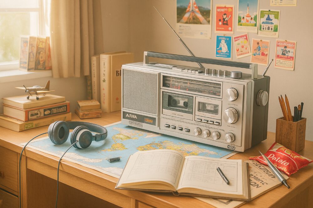 世界地図や受信記録ノートが広げられているノスタルジックな風景