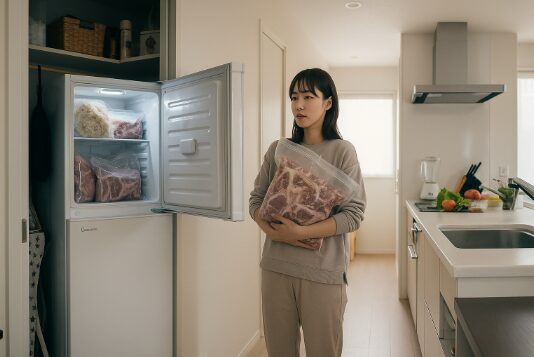 大きな肉の塊を持った日本人女性