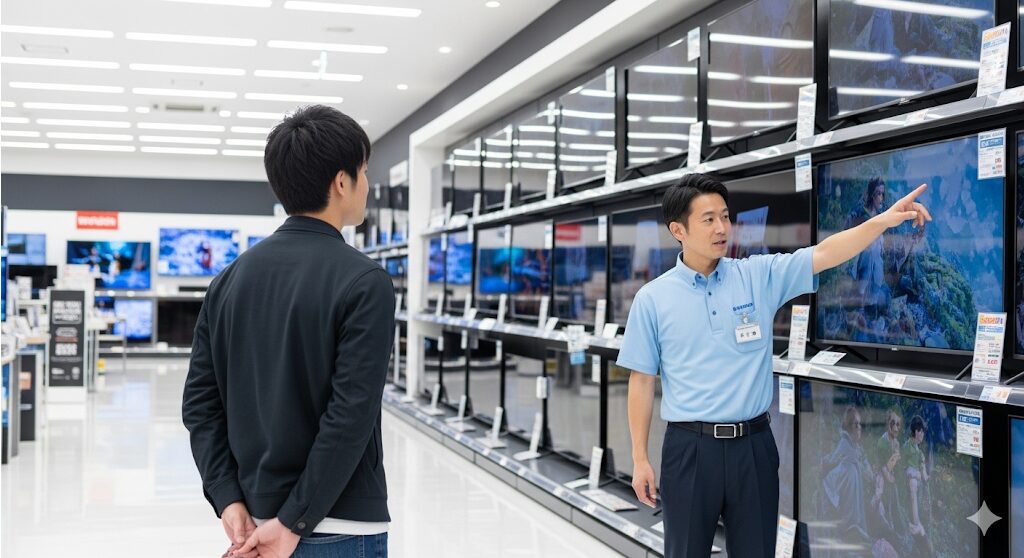 家電量販店でテレビを選ぶ日本人男性客