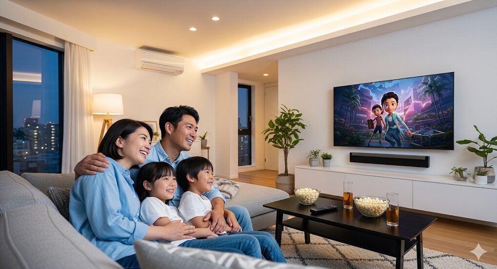 日本の家族がリビングの大型テレビで映画を楽しんでいる