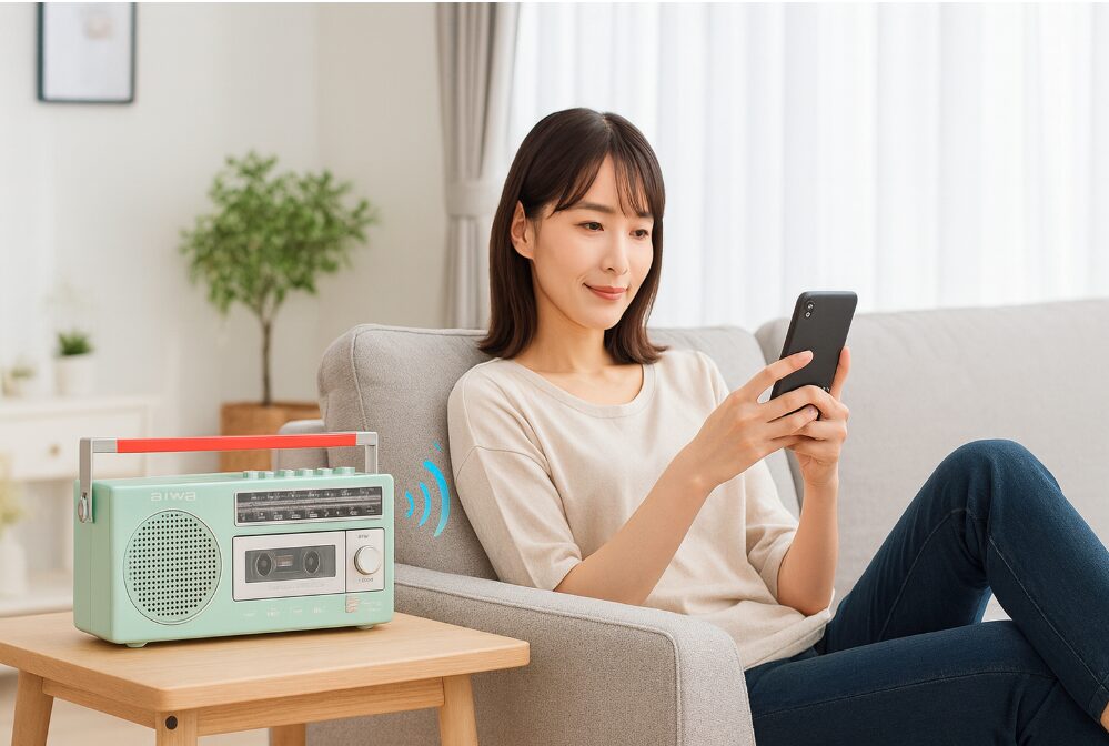 日本人女性がスマートフォンをBluetoothで接続して音楽を楽しんでいる様子