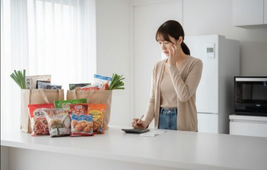 明細書を見ながら困った顔をしている日本人女性