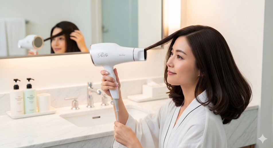 美しい髪を乾かしている日本人の女