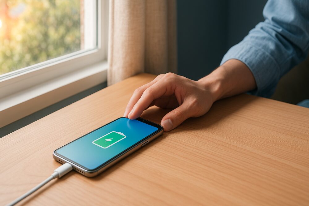 風通しの良い涼しい場所でスマートフォンを充電する様子