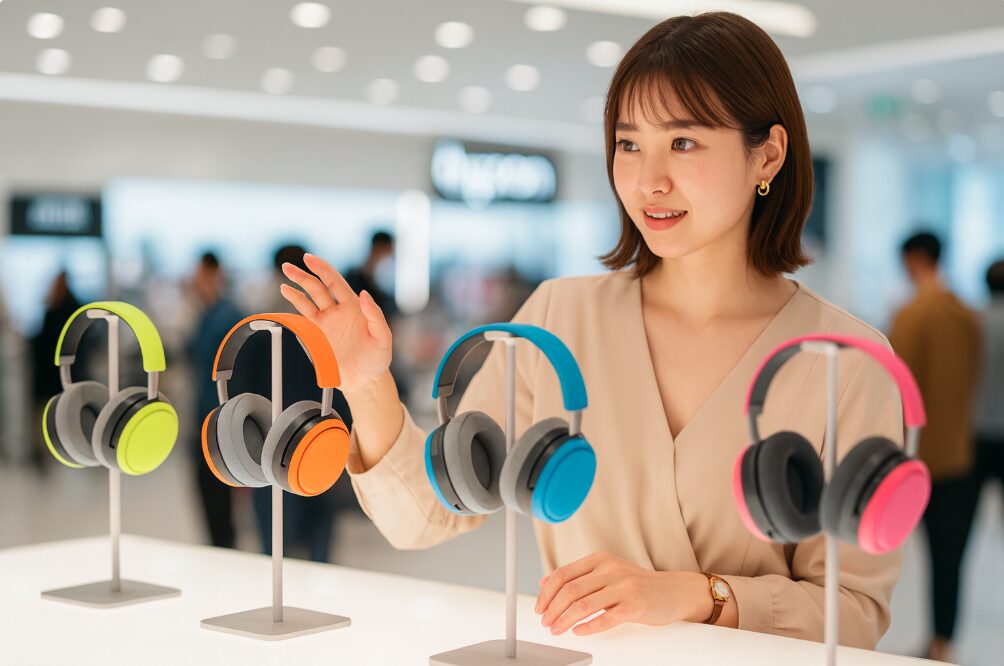 Dyson OnTrac™ヘッドホンがディスプレイされており、それらを興味深そうに見ている日本人女性