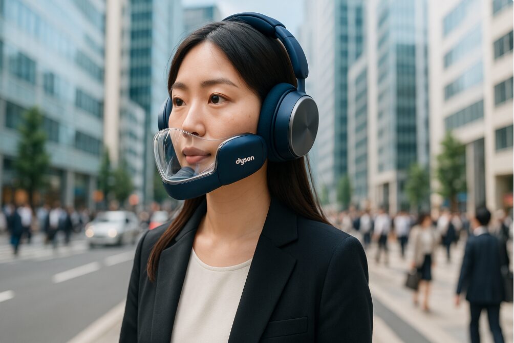 Dyson Zoneヘッドホンを装着した日本人女性が、透明な空気清浄シールド