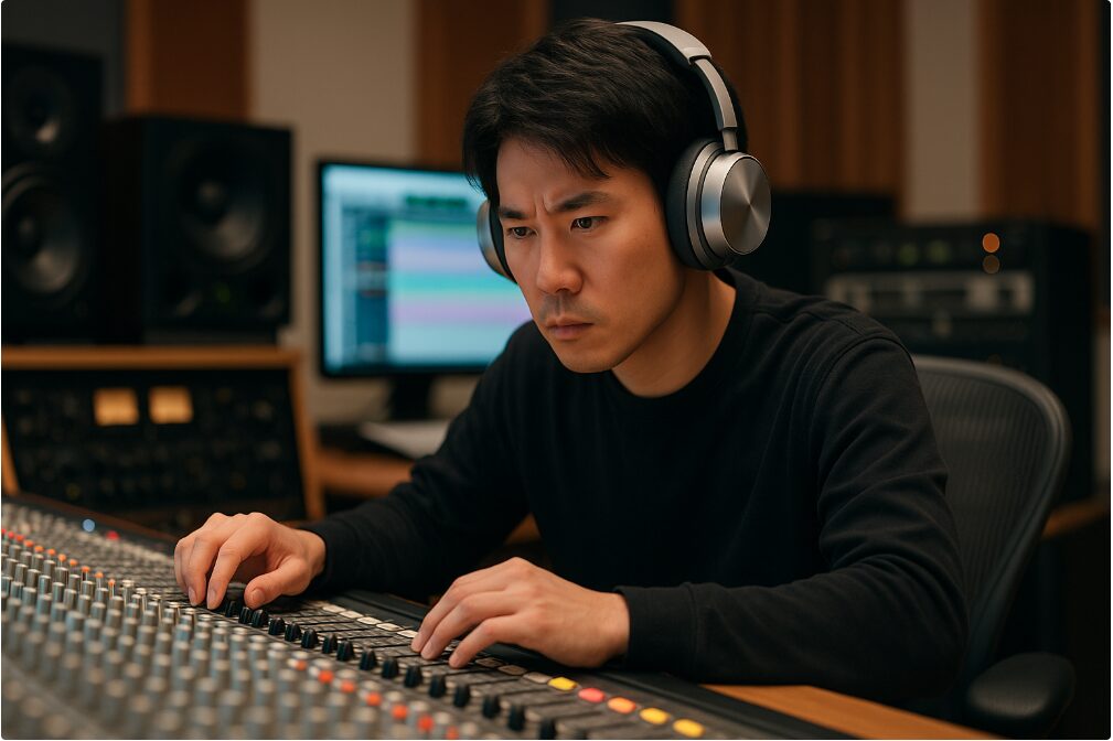 Dysonヘッドホンを装着し、ミキシングコンソールを操作しながら真剣な表情で音質をチェックしている日本人サウンドエンジニア。