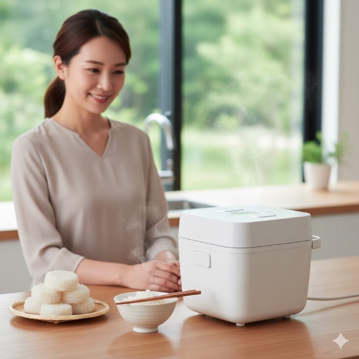 ご飯が湯気を立てており、日本人女性が笑顔で見つめている