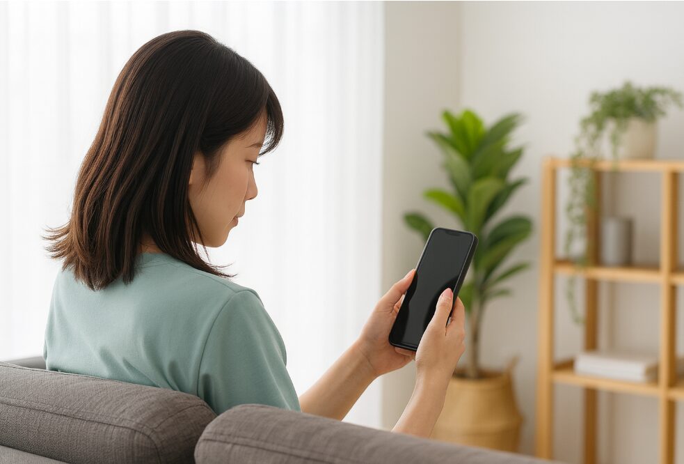 どちらに接続するか迷っている様子の日本人女性。