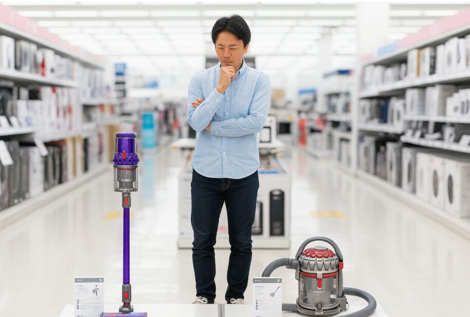 コードレススティック掃除機とキャニスター型掃除機が並べられ