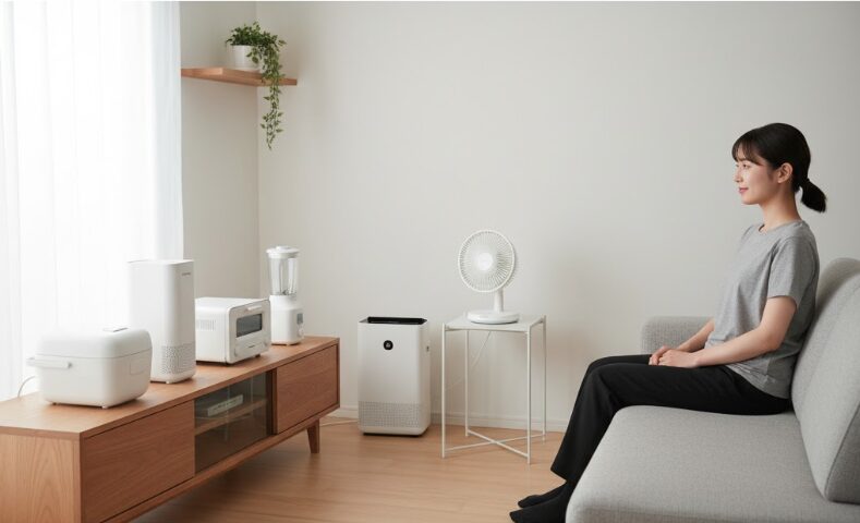 シンプルなデザインのツインバード製家電製品が並べられた、ミニマリストなリビングルーム。