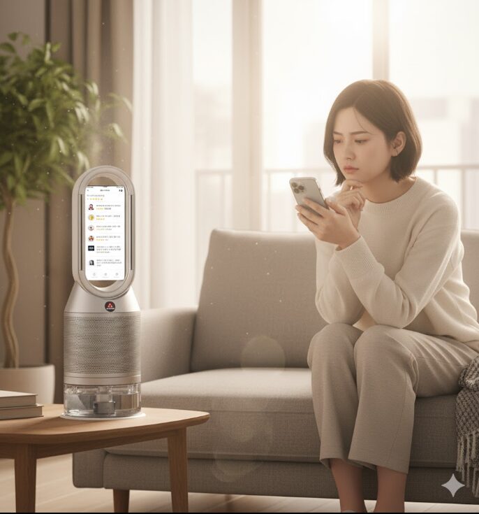 ソファに座り、スマートフォンでダイソン加湿空気清浄機の口コミや評判を確認する日本人女性