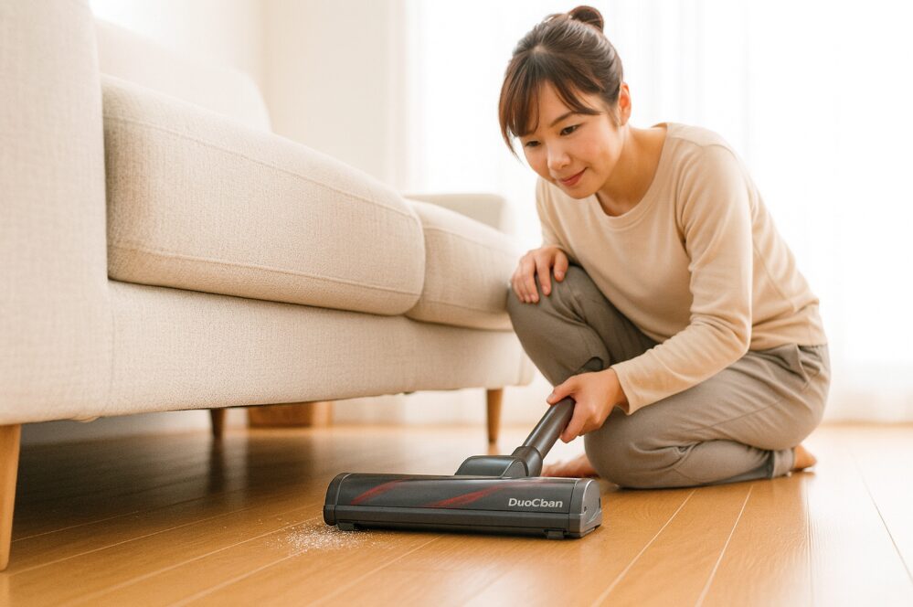 ソファの下に掃除機のヘッドが入らず困った表情で覗き込む日本人女性