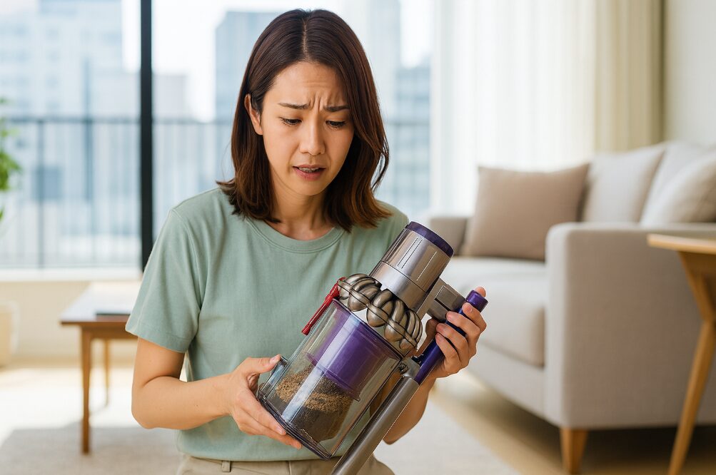 ダイソンv10のゴミ捨てが開かず困っている日本人女性
