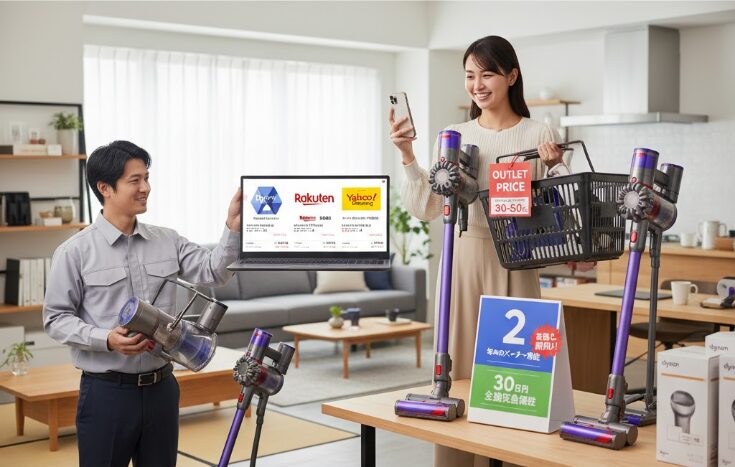ダイソンの掃除機とドライヤーが入った買い物カゴを抱え、満足げな表情