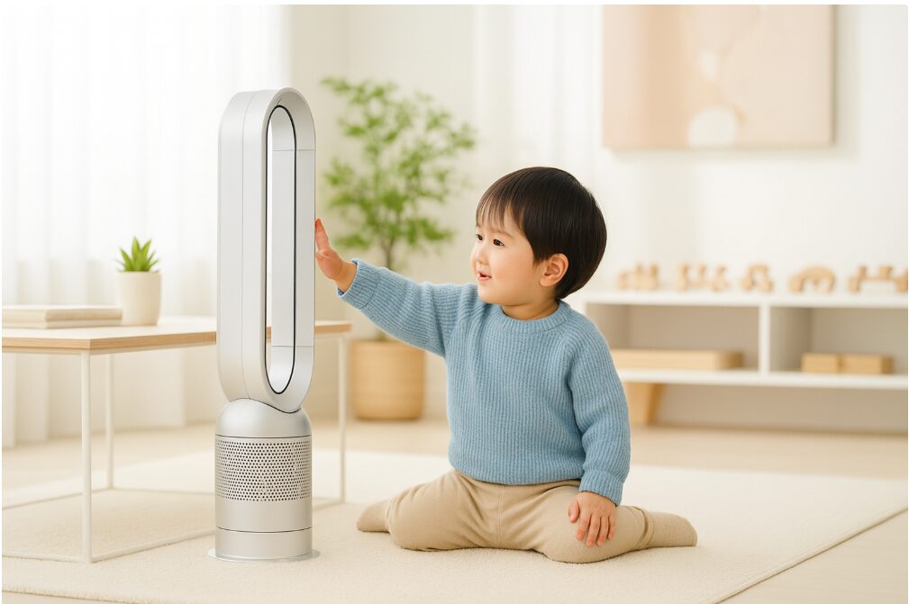 ダイソンの羽根のない扇風機に安全に触れる小さな日本の子供。