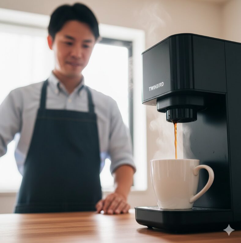 ツインバードの全自動コーヒーメーカーで、淹れたてのコーヒーをカップに注ぐ様子