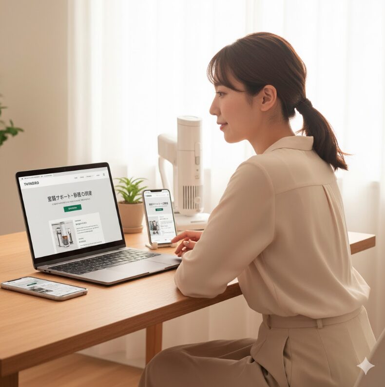 ツインバードの家電製品の修理依頼をするために、PCとスマートフォンを使ってウェブサイトを確認している日本人女性