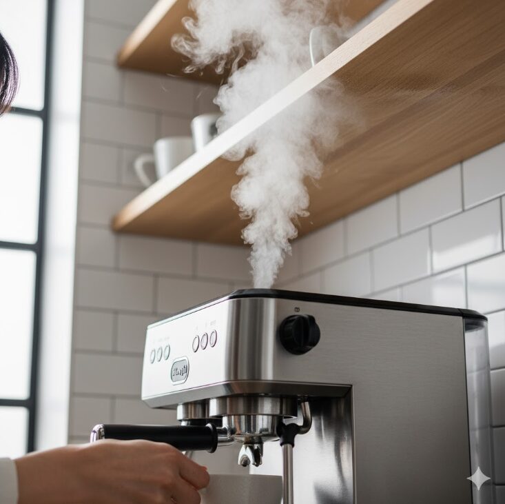デロンギのコーヒーメーカーから出る蒸気が棚の天板に当たる様子