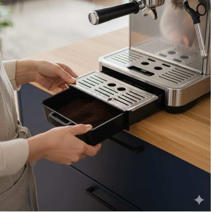 デロンギのコーヒーメーカー本体の前面から、コーヒーのカス受けと水受けトレイを簡単に引き出してメンテナンスしている手元のクローズアップ