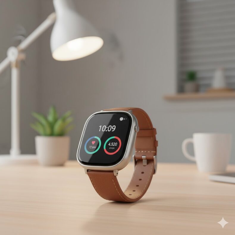 ブラウンのレザーバンドを装着したスマートウォッチ