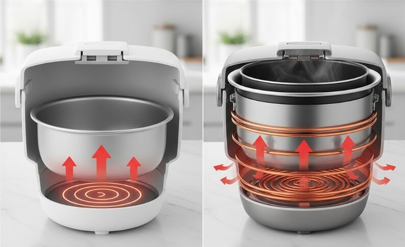 マイコン式炊飯器の底面ヒーターと、IH式炊飯器の側面や底面を覆うコイルが模式的に示されており、それぞれの加熱方式の違いを比較している。