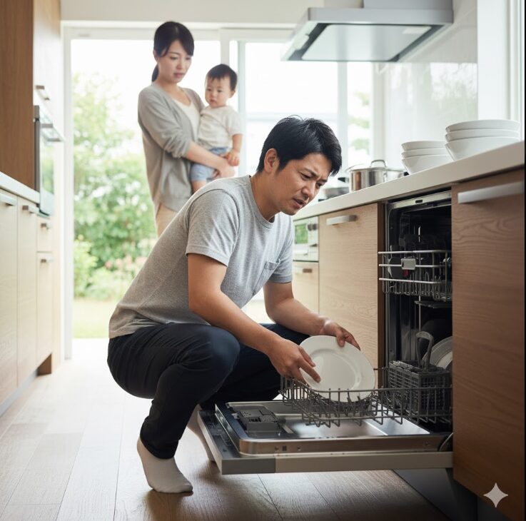 ミーレの食洗機に食器を入れるために深くかがんでいる日本人男性
