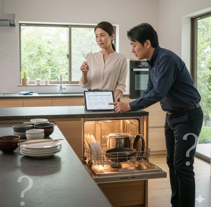 モダンなキッチンでミーレの食洗機を前にして、夫婦がタブレットを見ながら製品選びに悩んでいる
