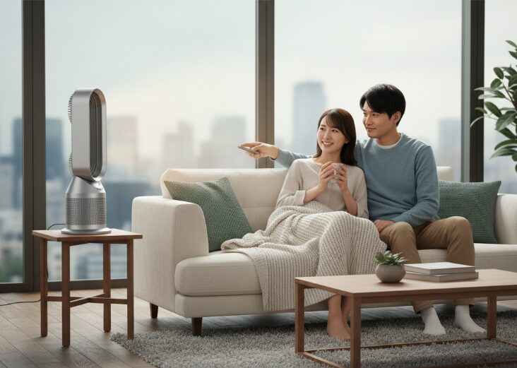 モダンなリビングでダイソンのホットアンドクールを使い、暖かく快適に過ごす日本人カップル。