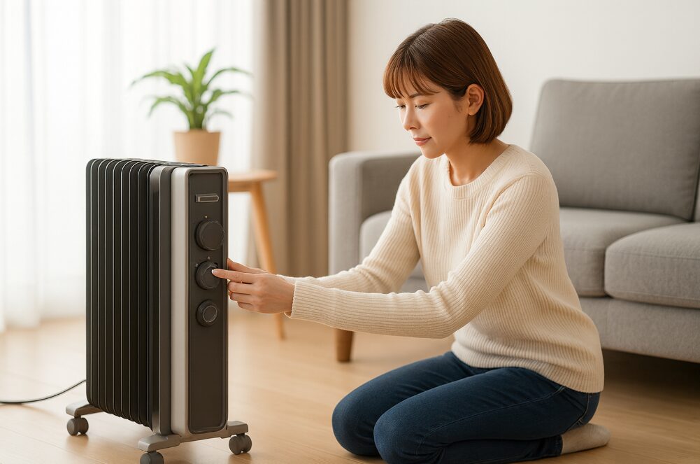 リビングの床に座り、デロンギのオイルヒーターのダイヤルを操作する日本人女性