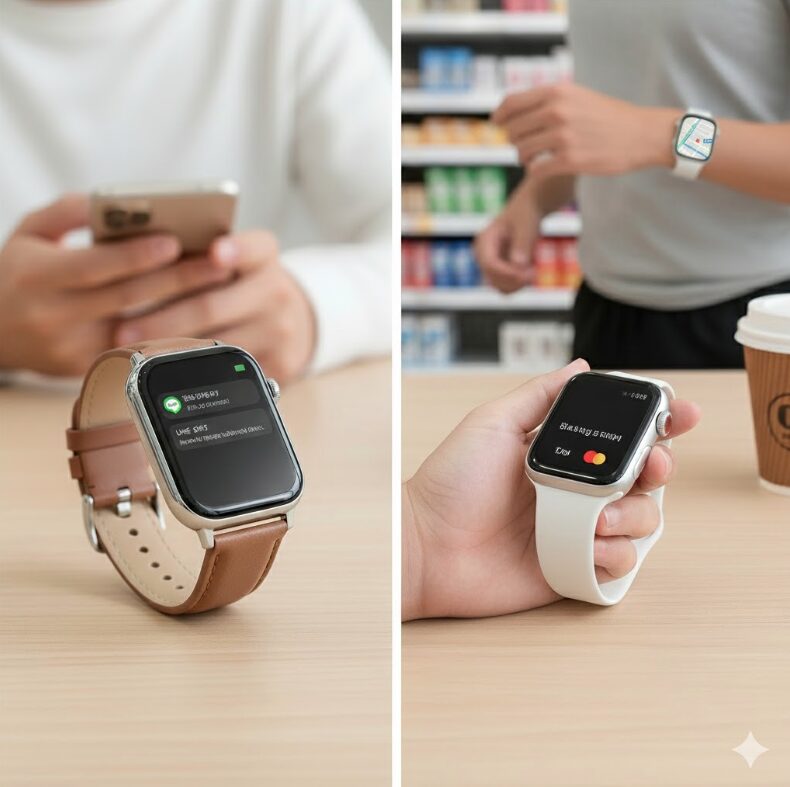 側はLINE通知が表示されたスマートウォッチとスマートフォンを操作する日本人