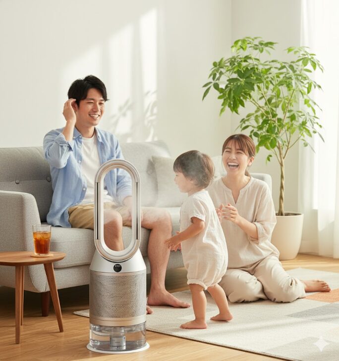 夏のリビングでダイソン空気清浄機のファン機能による涼しい風を浴びて快適に過ごす日本の家族
