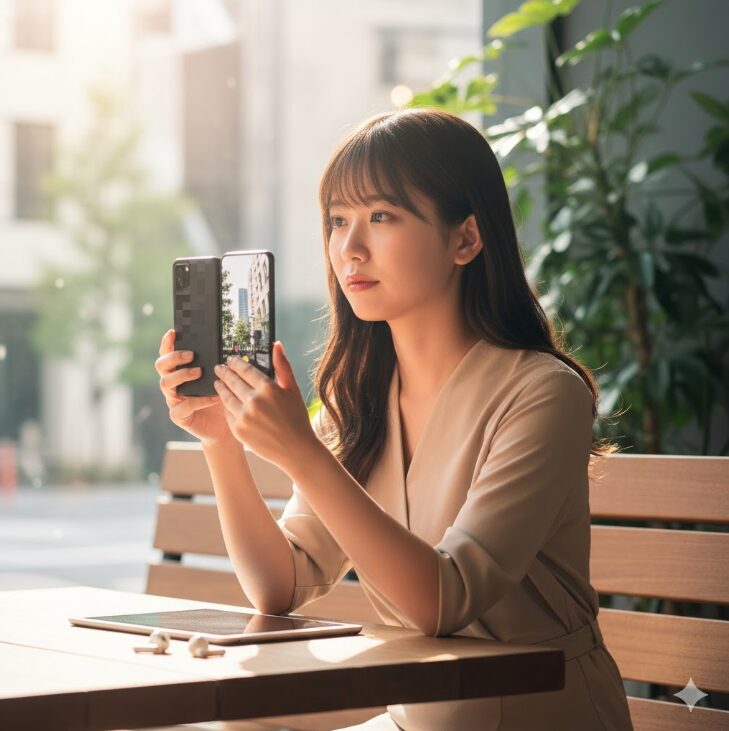 外の景色を撮影している日本人女性