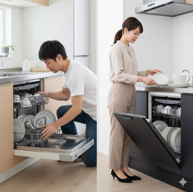 左は男性がミーレのフロントオープン型食洗機にかがんで食器を入れている様子。右は女性がパナソニックのスライドオープン型食洗機に立ったまま食器を入れている様子。
