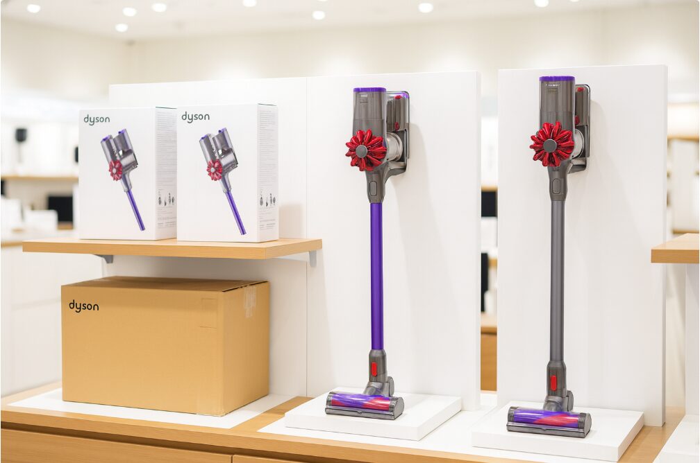 手前には外箱にわずかな傷がある製品のダンボール箱が、奥には型落ちモデルとリファービッシュ品が整然と置かれている