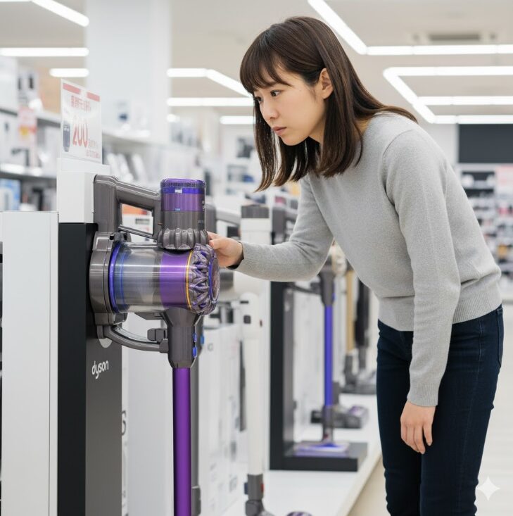 日本人女性が、手前の大幅に割引された旧モデルのダイソン掃除機