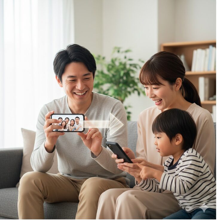 日本人男性がスマートフォンで友人や家族に写真を瞬時に共有している様子