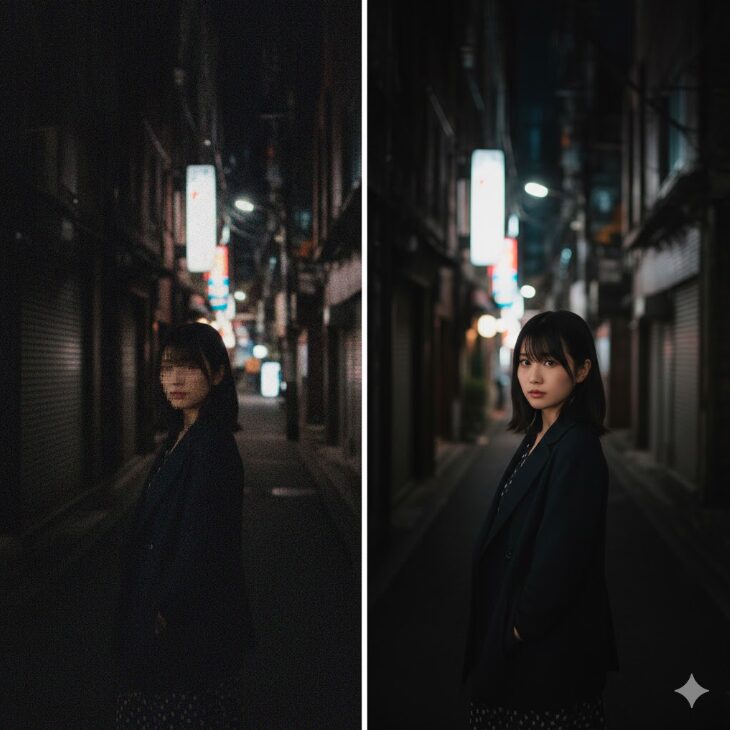 暗い場所で撮影された写真の比較。小さな受光面積（高画素）によるノイズが目立つ写真と、大きな受光面積（低画素）によるクリアな夜景写真。