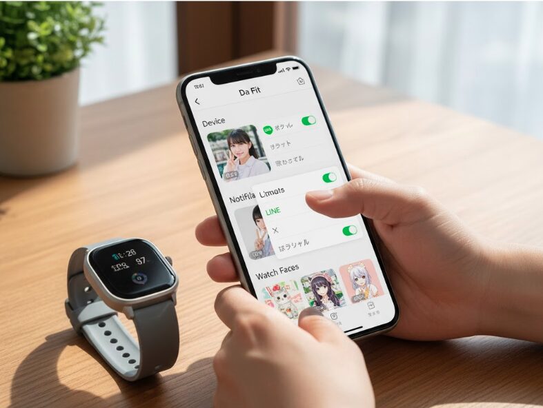 木目のデスクに置かれたグレーのシリコンバンドのスマートウォッチ