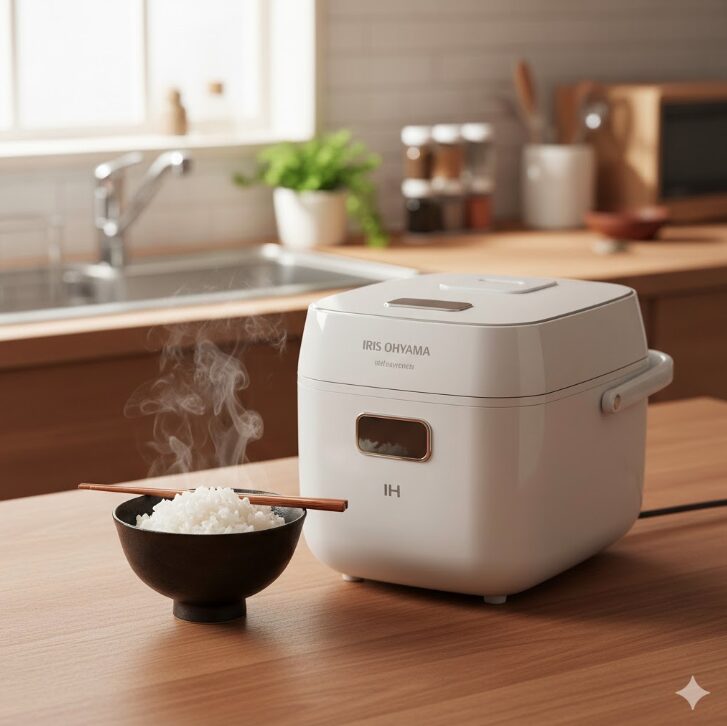 炊きたての白いご飯が盛られたお茶碗。背景には日本の一般的な家庭のキッチンがぼんやりと見える。