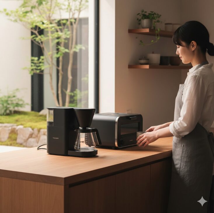 現代的なキッチンカウンターに置かれたツインバード製のスタイリッシュなコーヒーメーカーとトースター