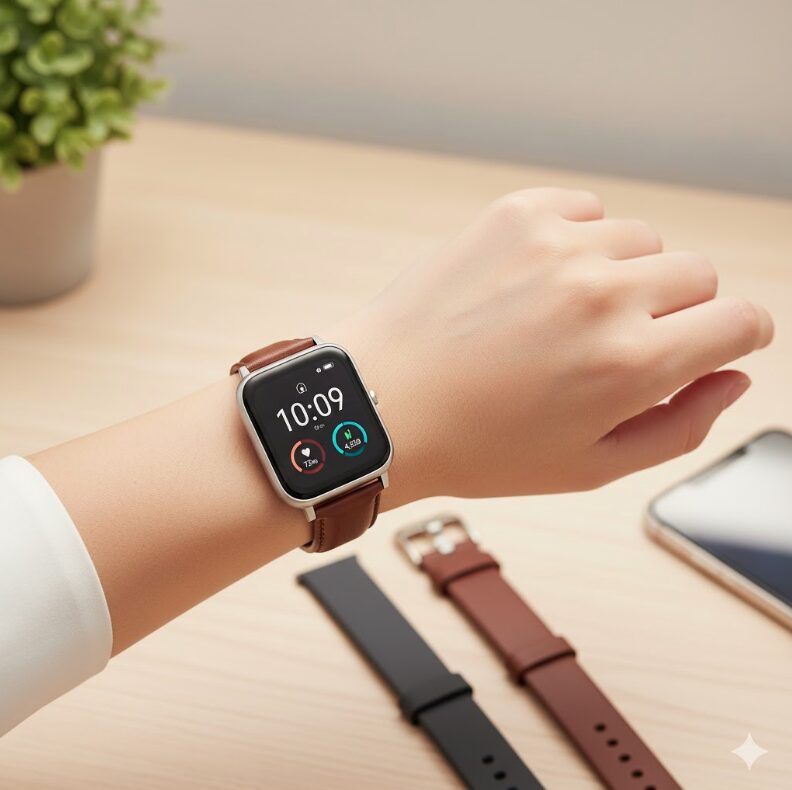 白いシャツを着た日本人の腕に装着されたブラウンレザーバンドのスマートウォッチ