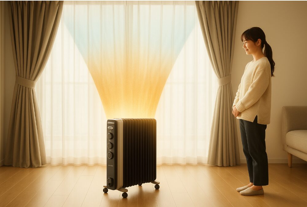 窓からの冷気（水色）を遮断している様子