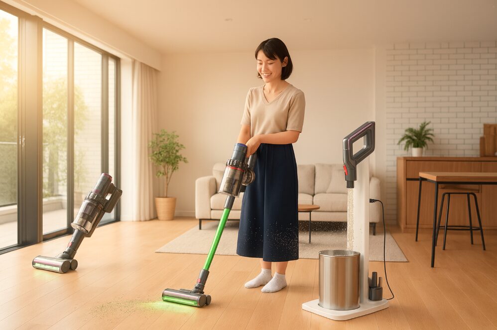 若い日本人女性がダイソンペンシルバッグで掃除する